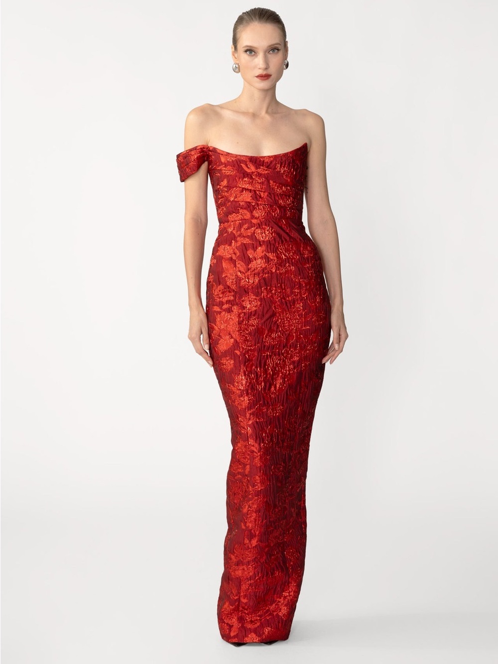 Sau Lee Jackson Jacquard Floor Length Gown in Red Size 2